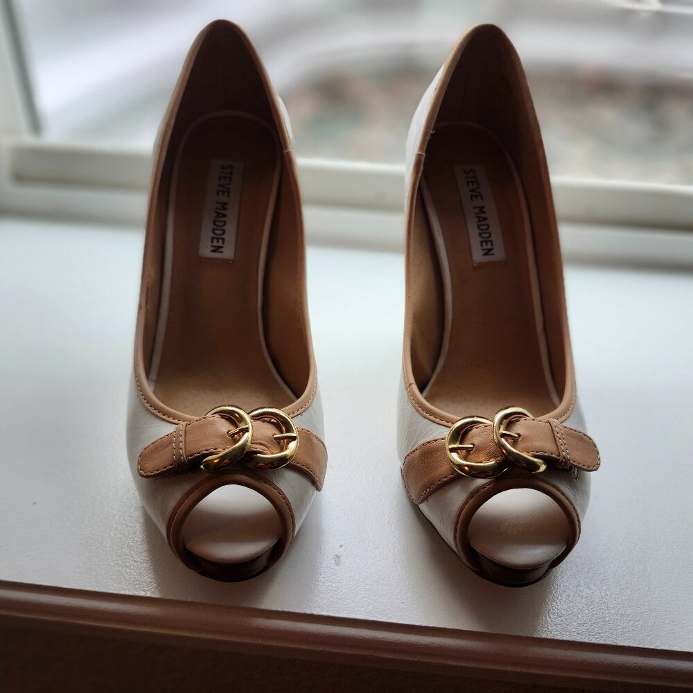 Beige and White Open Toe Heels